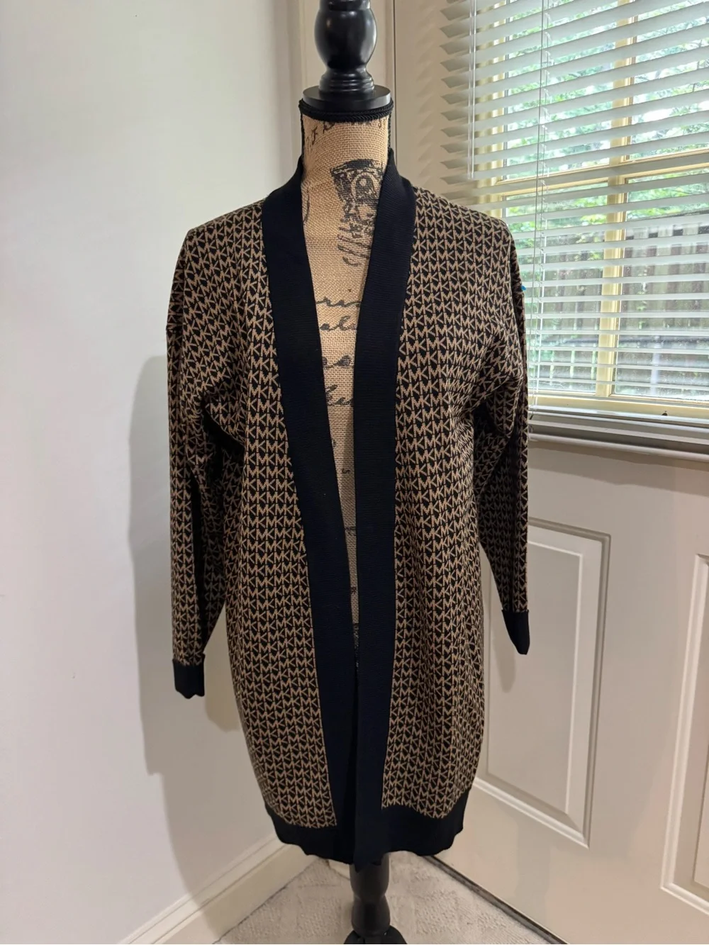 Michael Kors Black & Brown Logo-Pattern Open front cotton blend Cardigan size M